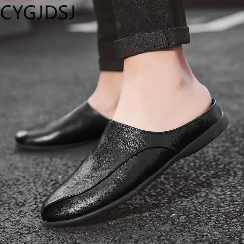 Slippers Men Luxury Casuales Leather Mules Homme Slippers for Men Half Shoes for Men Slippers Luxury Designer тапочки для дома