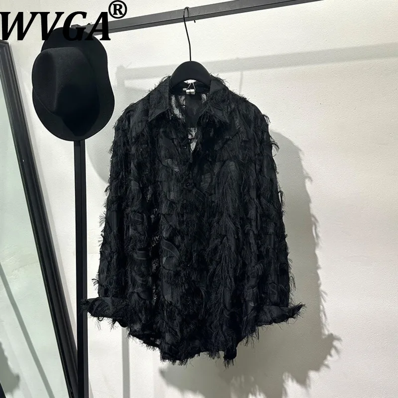 

WVGA Men Spring New Trendy Brand Design Hollow Out Niche Feather Printed Long Sleeve Shirt High-End Chic Elegant Tops Ins W21802