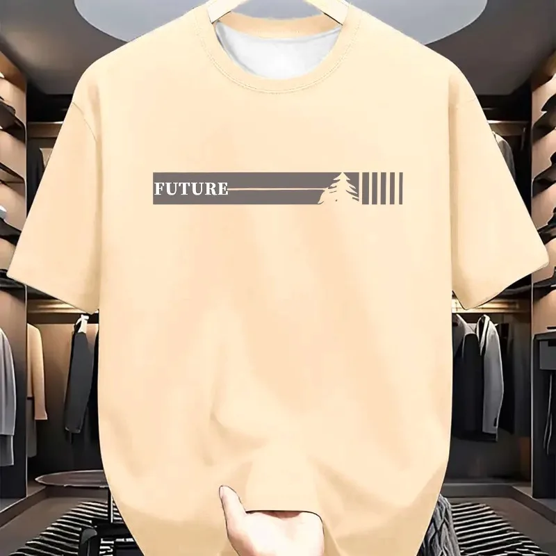 تي شيرت كاجوال بأكمام قصيرة ورقبة دائرية مطبوعة بنمط حروف المستقبل، فضفاض، مريح، مسامي، سريع الجفاف