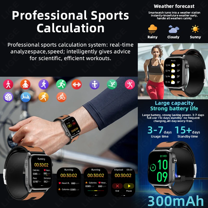 LIGE New NFC Smart Watch 2.06 in Smart Voice Assistant Air Pump Precision Blood Pressure ECG Smartwatch SOS Smart Band For Women