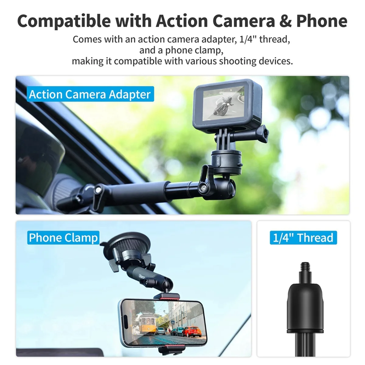 COTS-tUlanzi ZJ01 Camera Suction Cup Mount 360° Rotation with Phone Clamp Windshield Camera Bracket for GoPro Camera