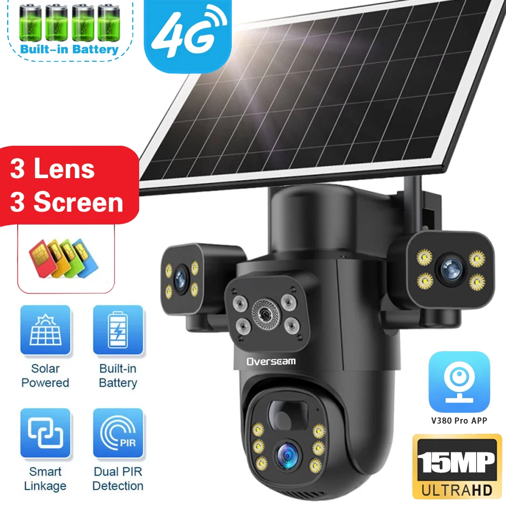 

Overscam 4G Solar PTZ Camera 10X Optical Zoom Three Lens Three Screen 15MP Outdoor Security Camera PIR Human Detection V380 Pro