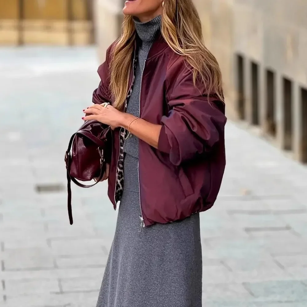 Women Elegant Reversible Zip Up Jacket Leopard Print & Wine Red Casual Outerwear Versatile Fall Long Sleeve Coat