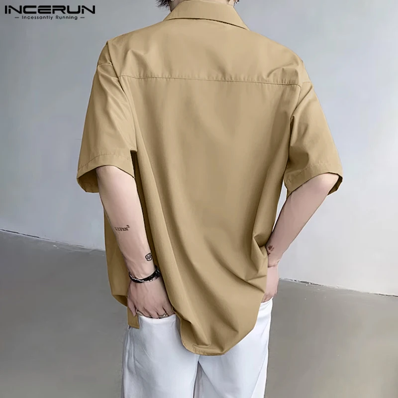 2024 Men Shirt Solid Color Lapel Short Sleeve Summer Pockets Fashion Men Clothing Streetwear Korean Style Shirts S-5XL INCERUN