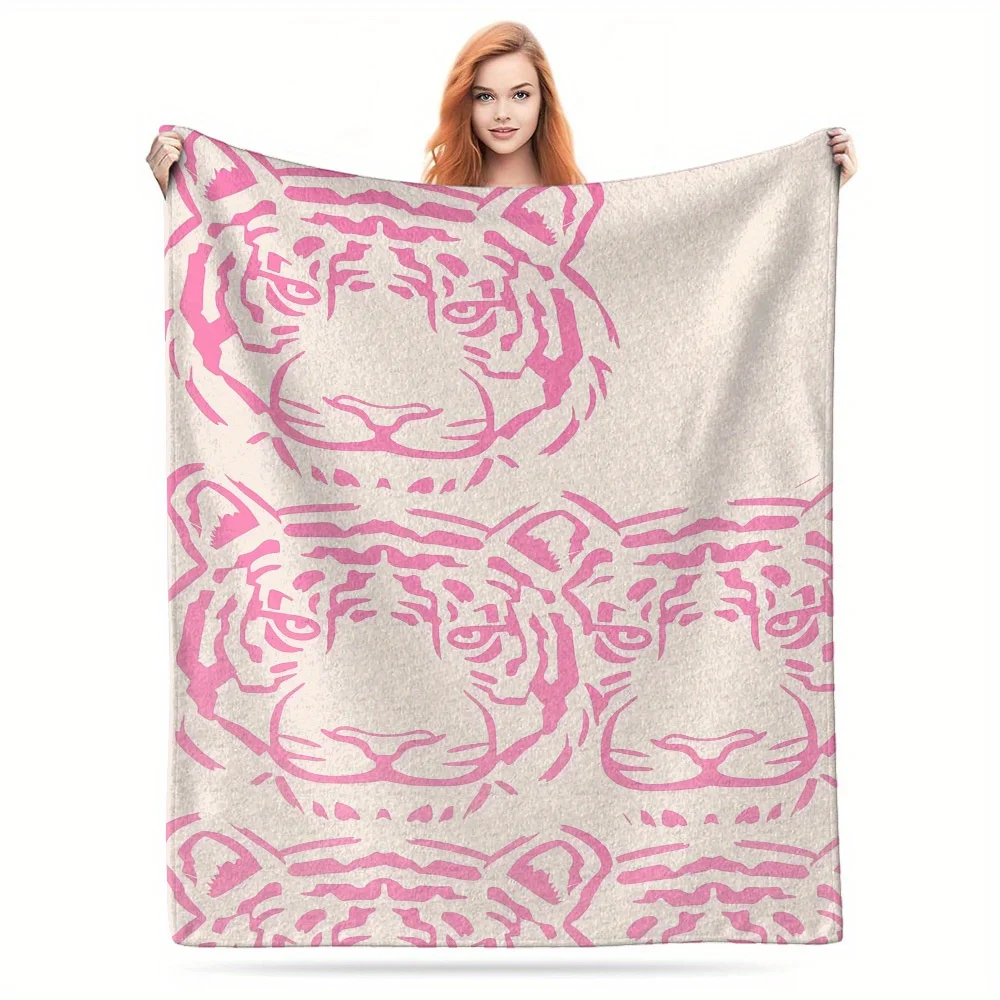 Pink Line Drawing Tiger Head Cream White Base Print Blanket, Light Flannel Throw For Couch Room, Minimal Animal Daily Blanket