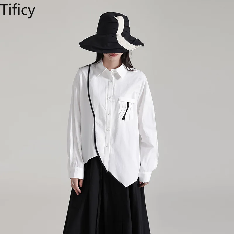 

TIFICY Niche Dark Style Irregular Long Sleeved Shirt 2024 Women's Autumn Mid Length Contrasting Loose and Slimming Shirt Tops