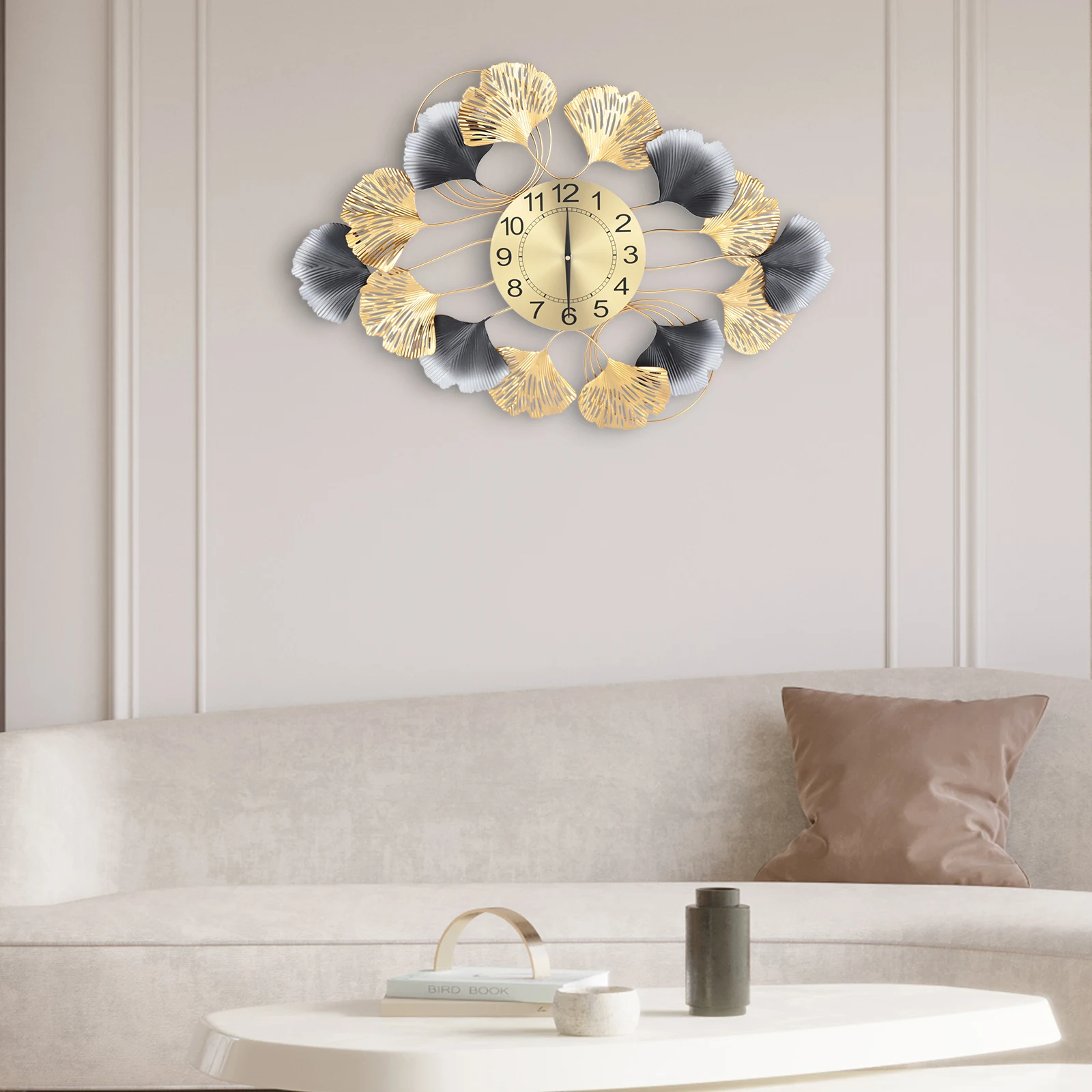 

Gold Metal Ginkgo Leaf Silent Wall Clock Gold-Grey Battery Operated Home Decoration for Living Room Dining Room