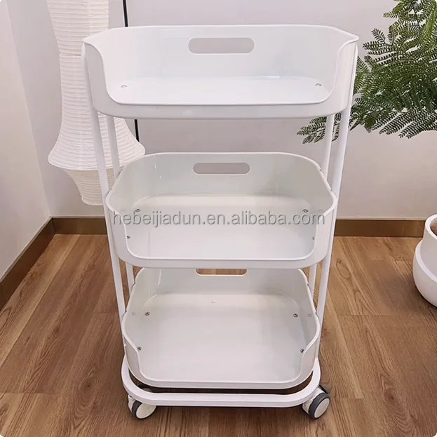 Smooth Rolling White Utility Cart 3 Tier Storage Rack Plastic Baskets Metal Tubes Easy Move Home Use