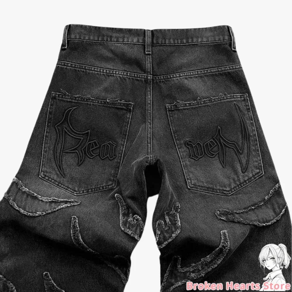 Pantalones vaqueros lavados rasgados con grabado primal pesado para hombre, pantalones Y2k, ropa de calle, pantalones de chándal holgados de