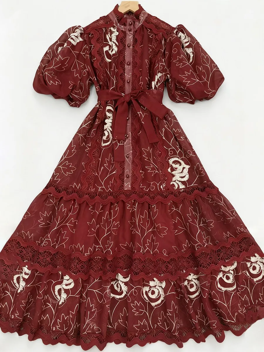 TWOTWINSTYLE الطباعة شير تقسم الدانتيل فساتين أنيقة للنساء الجولة الرقبة قصيرة الأكمام Pathwork الدانتيل يصل فستان طويل الإناث #6