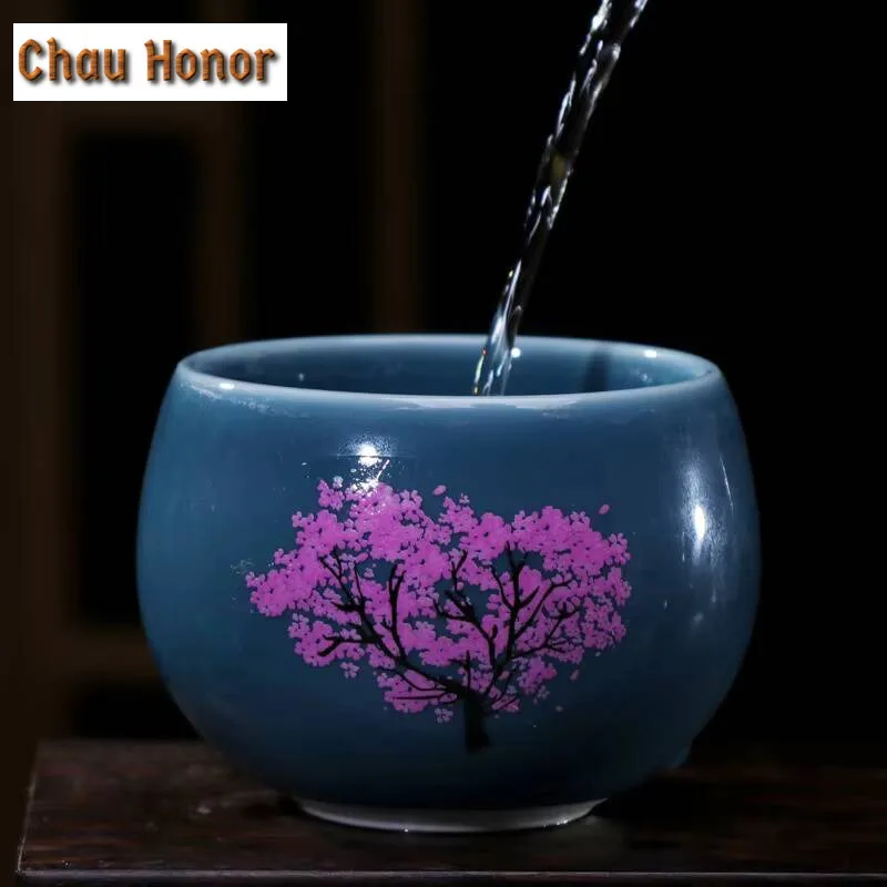 110ml Color Changing Ceramic Teacup Thermal Discoloration Cherry Blossom Tea Bowl Hand Painted Tree Water Mug Office Drinkware
