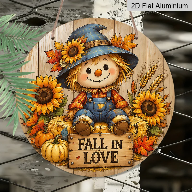 2D Flat, 1pc Fall Round Aluminum Hanging Sign, Rustic Cartoon Style Plaid Overalls Scarecrow Blue Witch Hat Sunflower