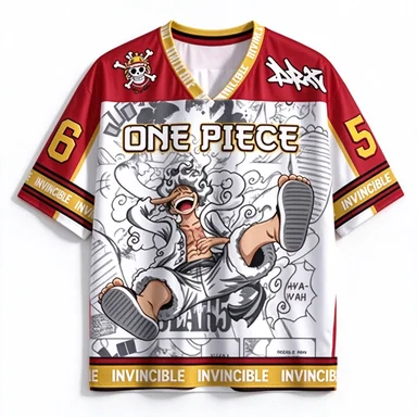 One Piece Luffy V-neck Sport Red Yellow Contrasting Gear5 Anime Manga Sport Mesh Short Sleeved T-shirt