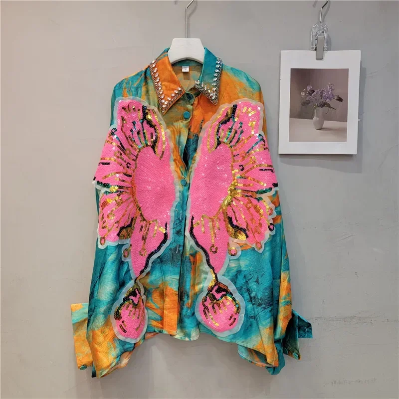 

Floral Embroidery Sequined Shirts Flowers Pattern Rhinestones Beaded Blouses Loose Bat Sleeve Contrast Color Cardigan Crop Tops