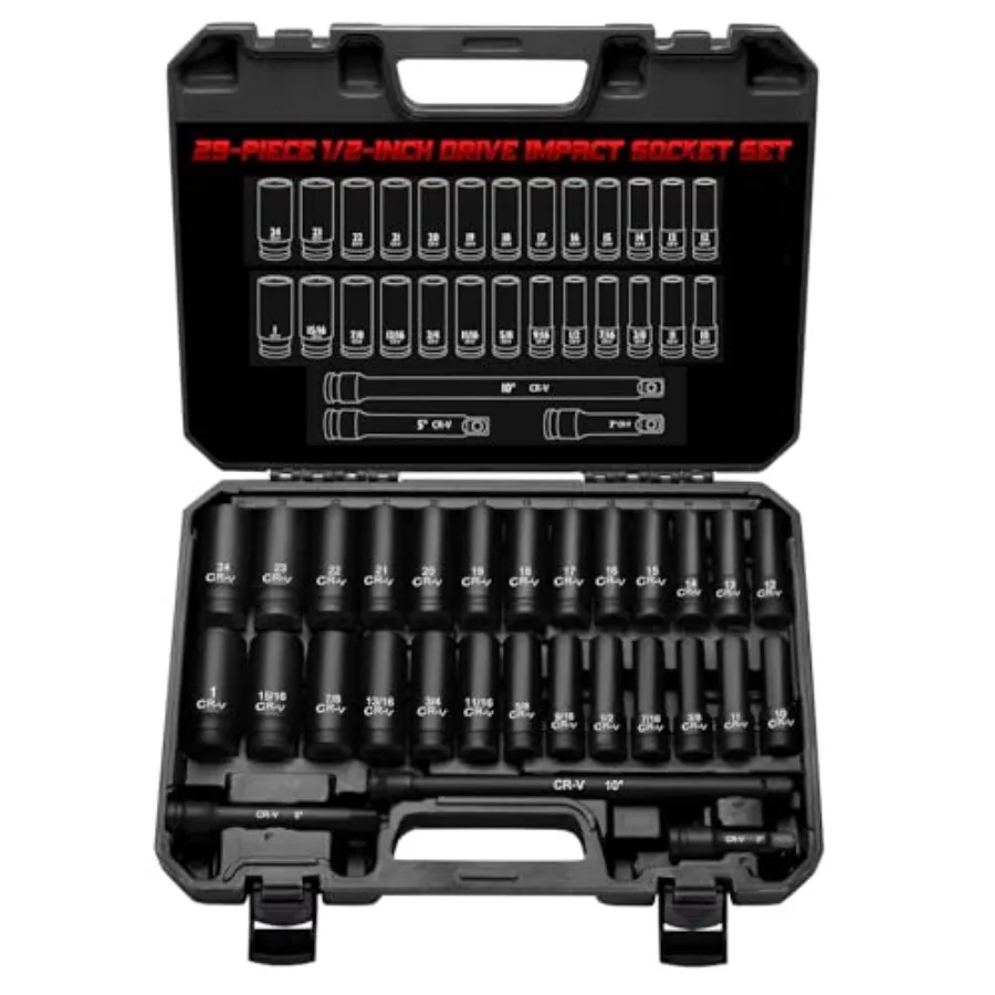 

1/2" Drive Impact Socket Set 29-Piece, Cr-V-M Steel Deep Socket SAE 3/8" - 1" and Metric(10-24mm) Sizes, with Extension Bar, wi
