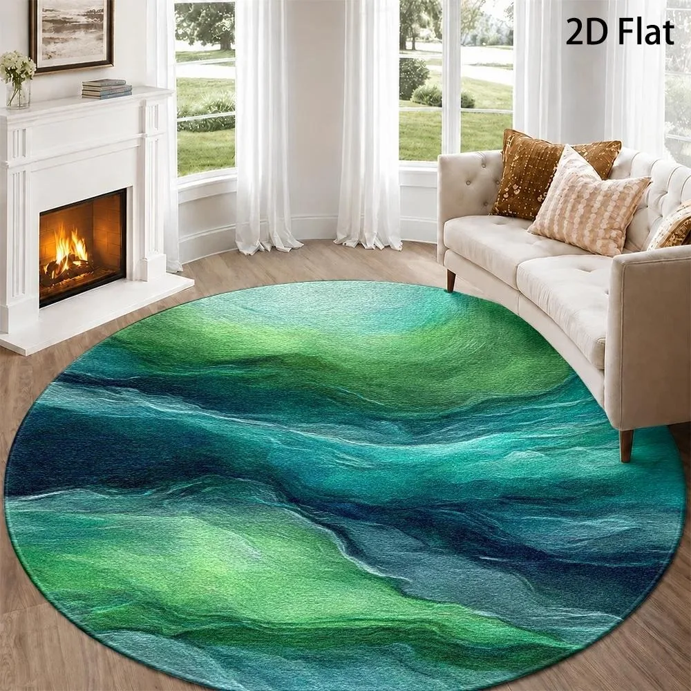 Teal Green Turquoise Swirl Marble Abstract Round Rug Fluid Ink Swirl Wave Texture Print Circular Floor Mat for Living Room