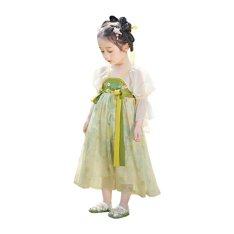 

Chinese Traditional Clothing Tang Dynasty Ru Skirt Ancient Improved Hanfu Embroidery Design Puff Sleeve Gauze Dress for Girls