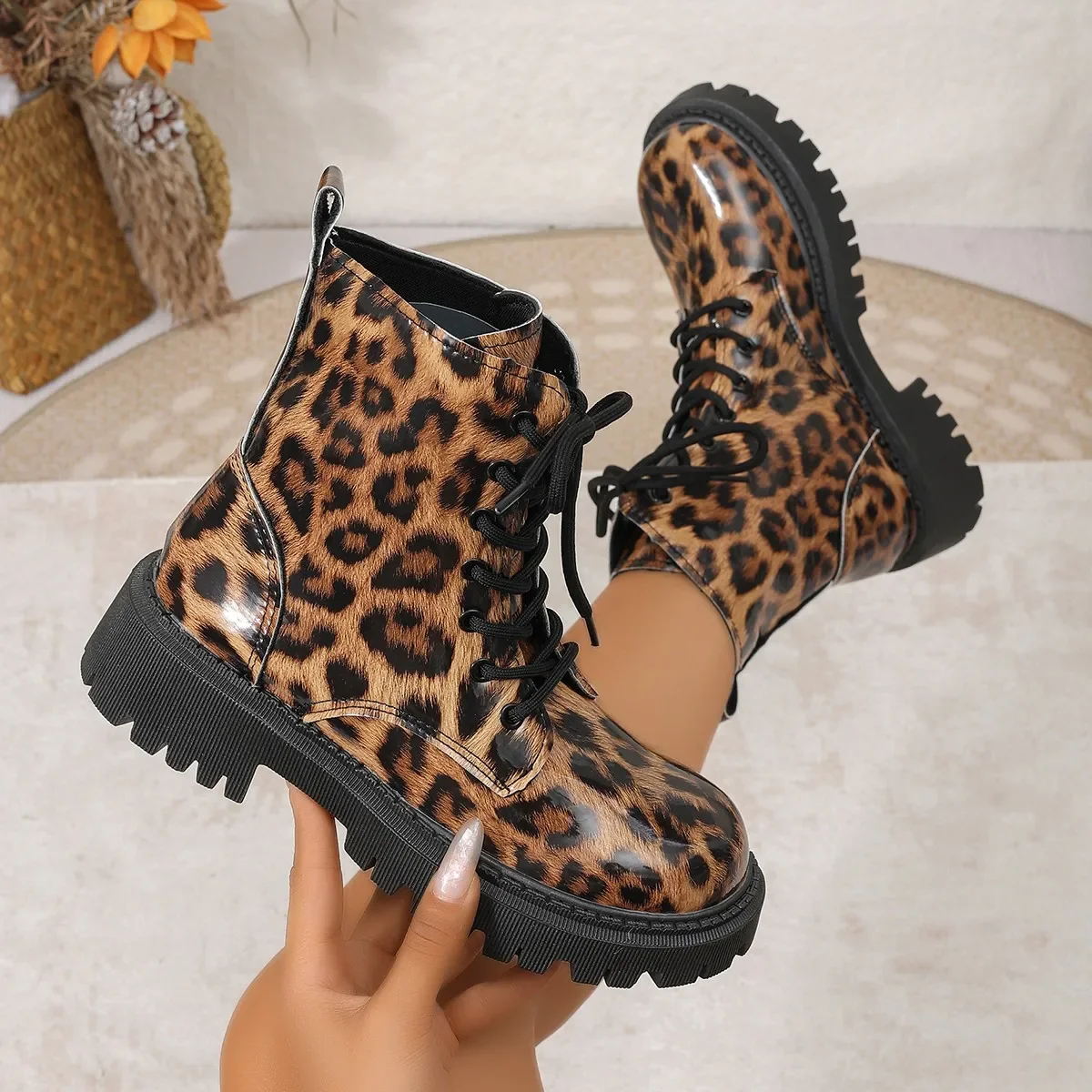 Women Platform Non-Slip Lace-Up Side Zip Fall Winter Statement Vintage Block Heel Shoes New Fashion Leopard Booties
