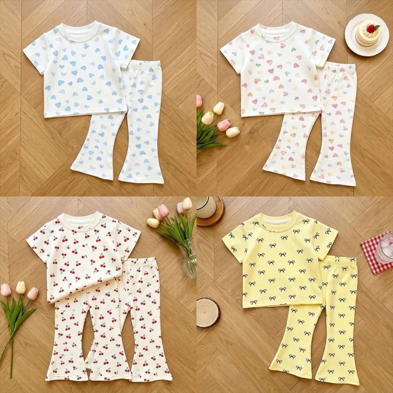 Korean-style printed home wear for children and toddlers Soft and stretchy short-sleeved bell-bottom pants Sweet air-conditionin