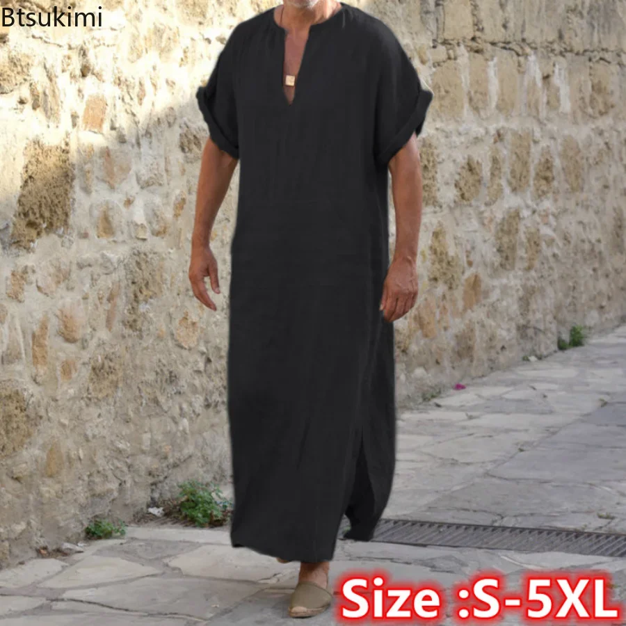 New2024 Men Robes Kaftan Muslim Arab Islamic V-neck Short Sleeve Solid CottonThobe Vintage Loungewear Plus Size Arabia Man abaya