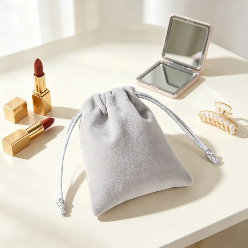 5pcs Light Gray Velvet Jewelry Drawstring Bags Pouch Soft Gift Storage Bag for Small Jewellery Draw String Bags for Women
