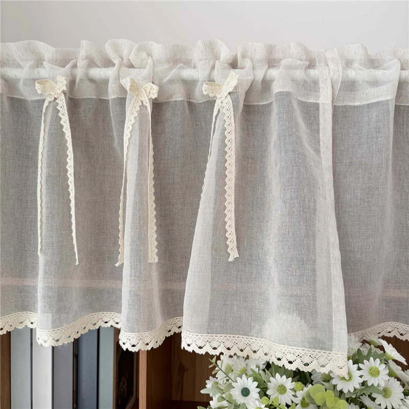 French Romantic Beige Bow Short Sheer Curtain with Crochet Lace Bottom Rod Pocket for Kitchen Living Room Bedroom Home Decor