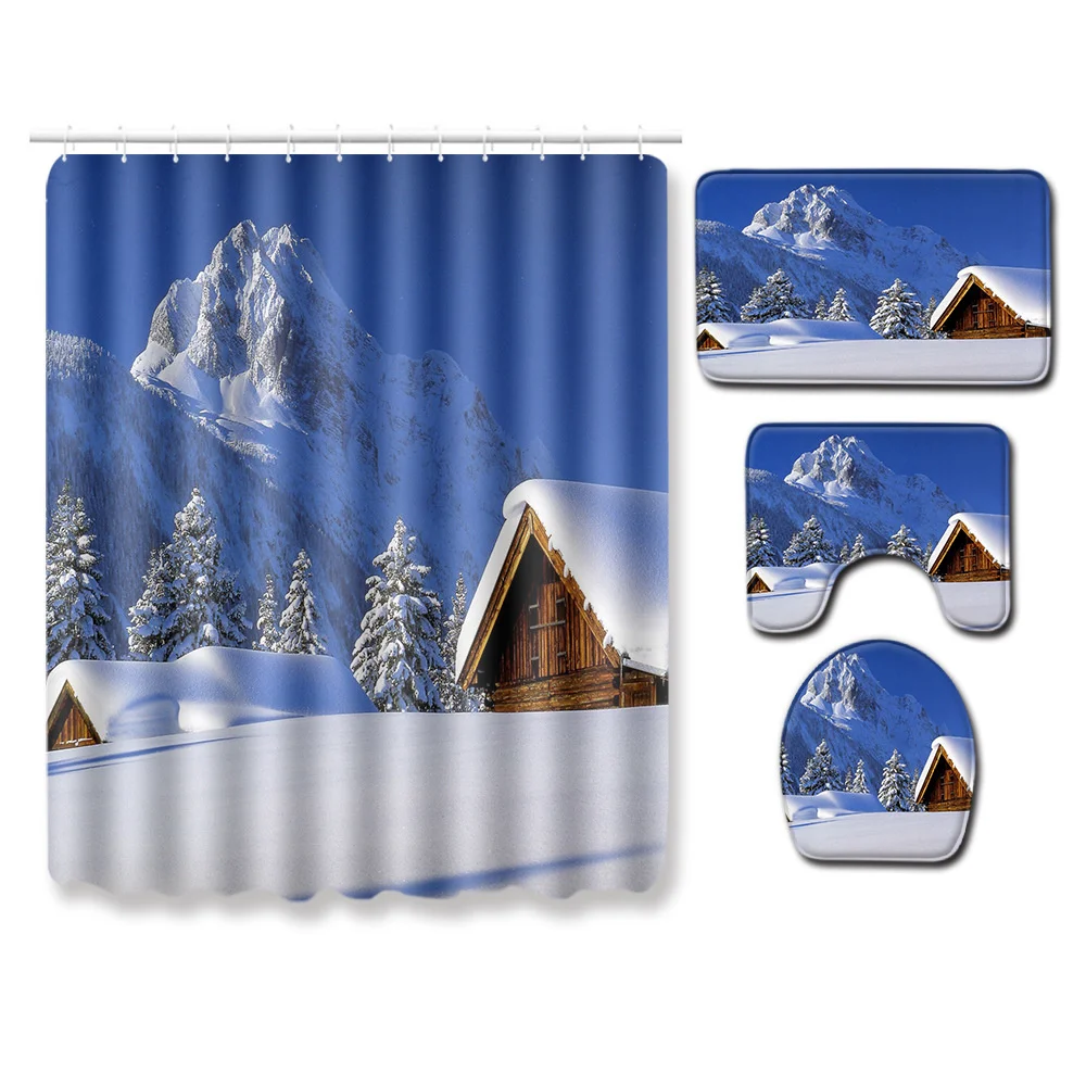 

Winter Mountain Scenery Shower Curtain Combination set Protective Floor mat Toilet Cover mat Shower Curtain Home Decoration