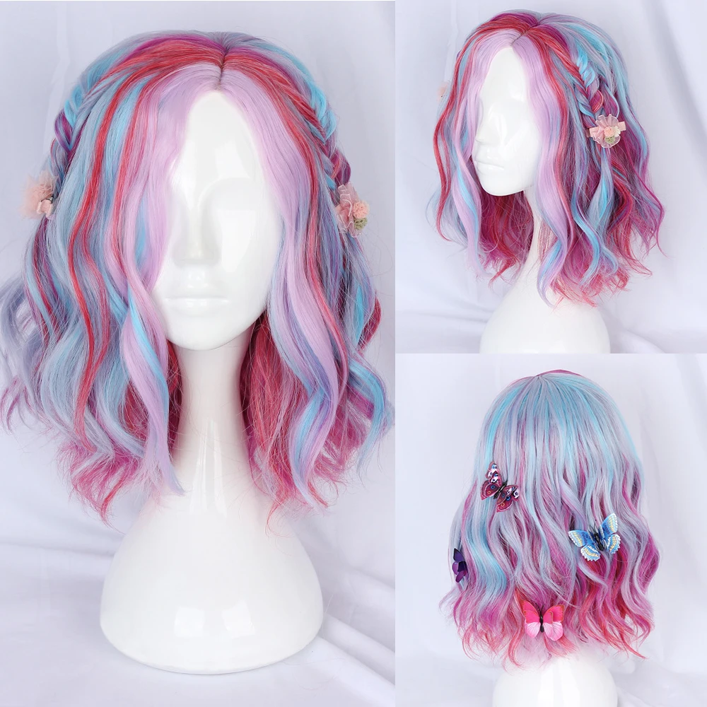 

Synthetic Short Wavy Curly Wigs Ombre Colorful Mixed Natural Lolita Cosplay Fluffy Hair Wig for Daily Party