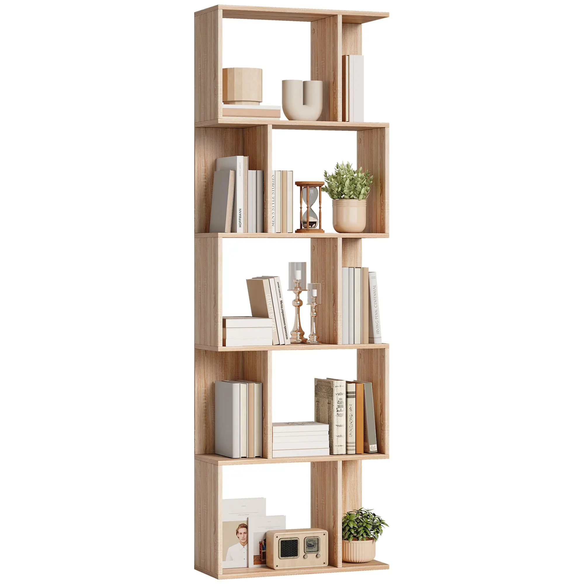 Libreria HOMCOM a 5 livelli, mobile contenitore a S con scaffali, scaffale portaoggetti per soggiorno, scrivania camera da letto, 60x24x184,5 cm, effetto legno naturale