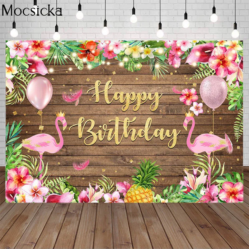 Toile de fond pour fête d'anniversaire Aloha, flamand rose, fruits tropicaux, feuilles de palmier, décoration de Portrait d'enfant, stand Photo, été