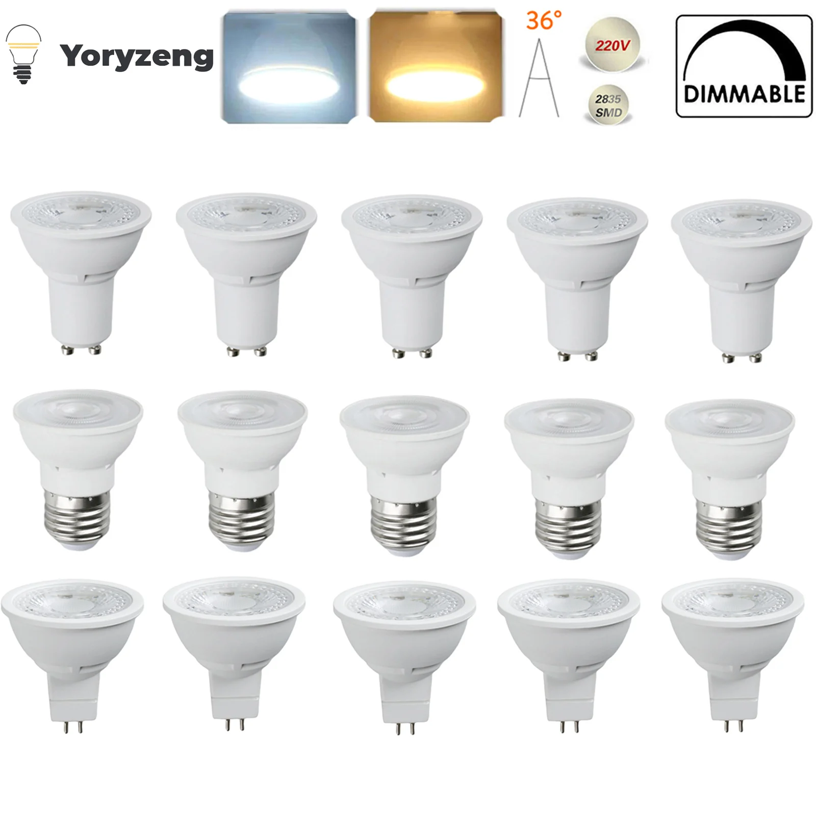 

10PCS 7W 220V Dimmable LED Spotlight Bulbs GU10 MR16 36 Degree E27 B22 GU5.3 2835 SMD Cold Warm White Energy Saving Lamps