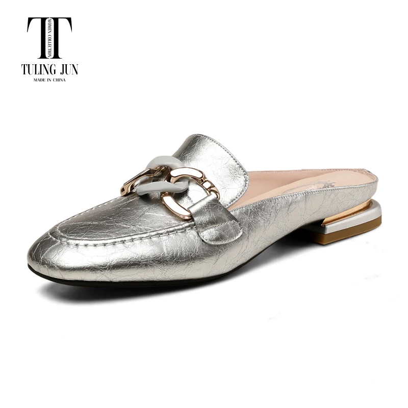 TULING JUN Concise Summer 2023 Lady Round Head Solid Color Metal Decoration Slippers Low Heel Sandals For Women