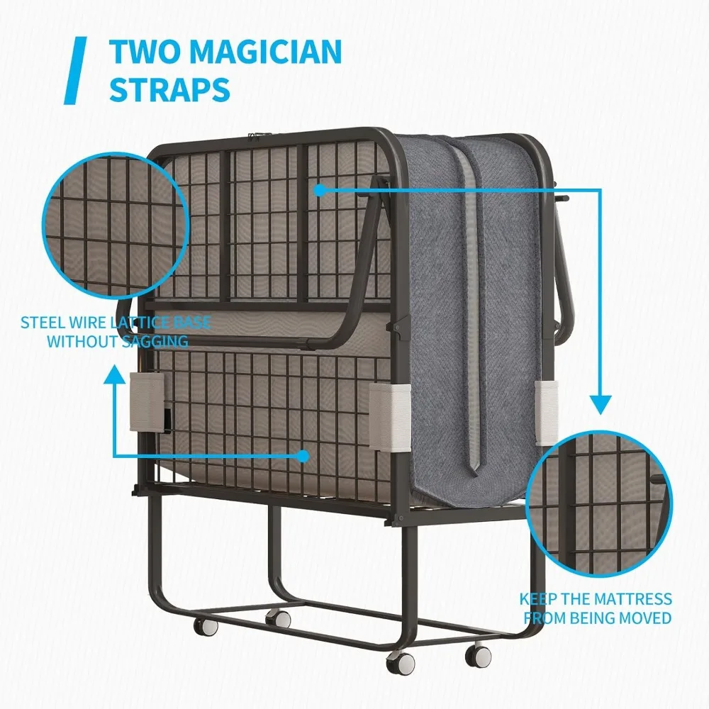 เตียงพับสำหรับผู้ใหญ่พร้อมที่นอน - เตียงแขกแบบมีล้อเลื่อน 75 x 31 นิ้ว, เตียงพับได้แบบพกพาพร้อมล้อล็อคได้, โครงโลหะแข็งแรงทนทาน