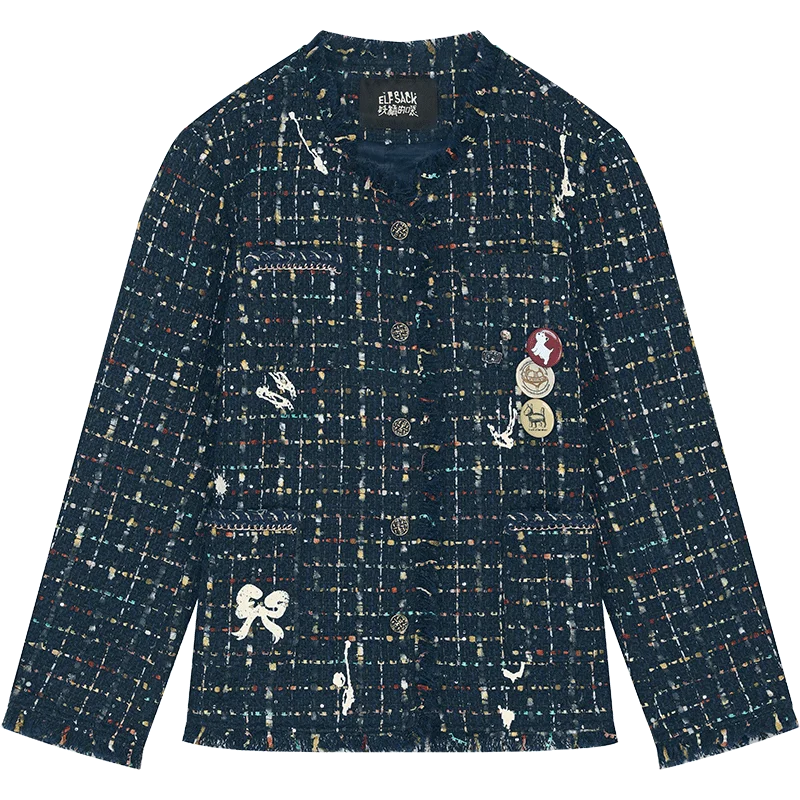 Veste de style preppy ELFSACK avec un élégant tweed français, imprimé et bords effilochés, veste bla