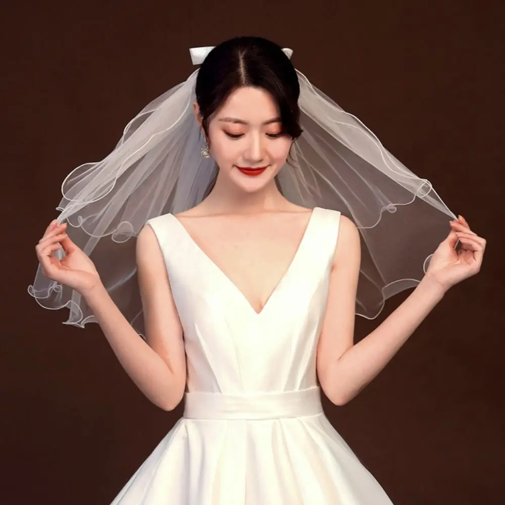 New Two Layer Bridal Veil Lace Edge Short Simple Wedding Veil White Women's Tulle image 4