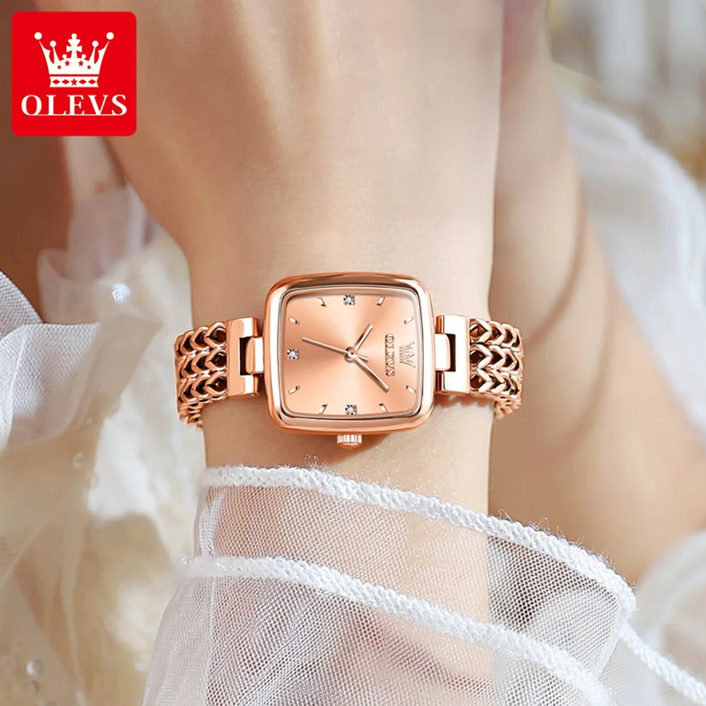 OLEVS Women\'s Quartz Watch Fashion Rose Gold Elegant Women\'s Watch Stainless Steel Simple Square Waterproof Women\'s Watch 9951