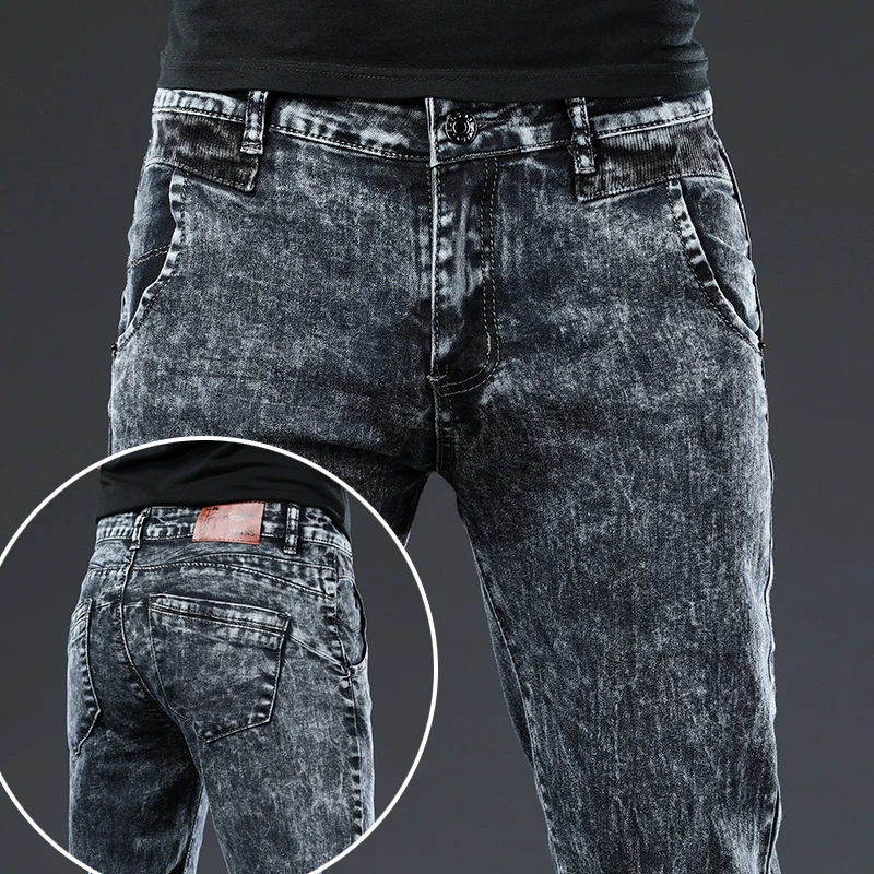 New Men Skinny Jeans Fashion Korean Style Washed Snowflakes Streetwear Slim Straight Personality Vintage Male Denim Trousers