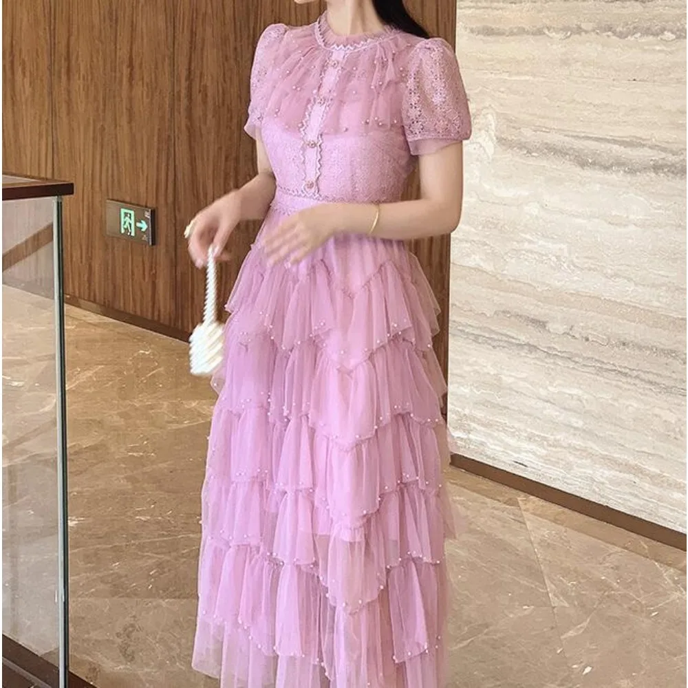 فستان نسائي فرنسي مزين بالدانتيل بأكمام قصيرة ، فساتين حلوة مطرزة ، خصر صيفي #2