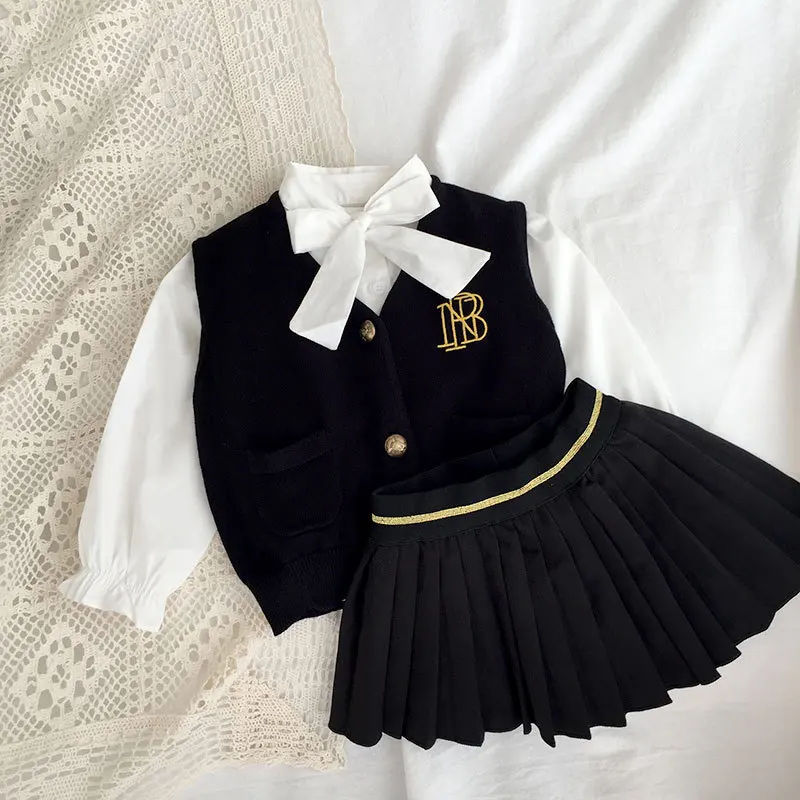 

Children Clothing 2022 Spring Autumn Girls Set Vest Shirt Skirt V Neck Collar Single Breasted Solid New Fashion Children Set