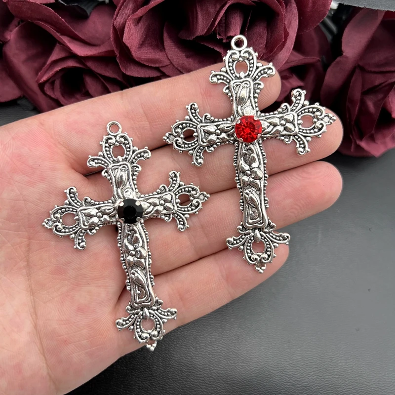 3pcs 55*76mm Gothic Large Crystal Cross Pendant Punk Red Black Crystal Jewelry DIY Handmade Making Charm Discovery Accessories