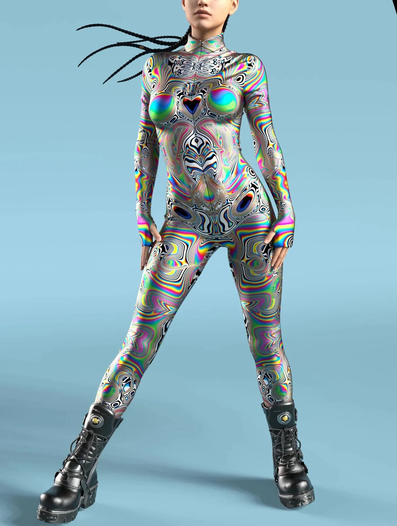 Damen Mehrfarbiger 3D-Druck Festtagsparty Regenbogen Sexy Enger Bodysuit Punk Cosplay Kostüm Performance Romper – Detail 19