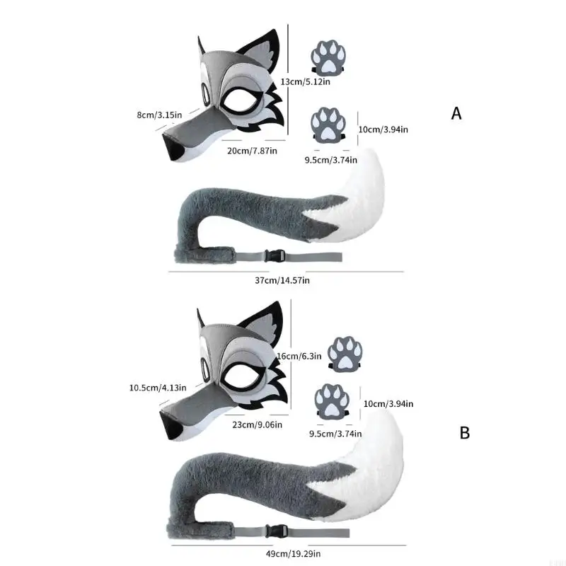 Wolf Face Mask Wolf Tail Gloves For Kid Adult Masquerade Birthday Christmas F3MD