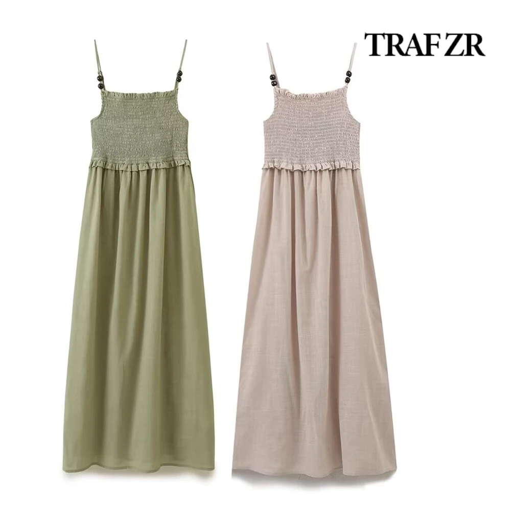 TRAF ZR Midi Dresses for Women Shirring Bustier Adjustable Straps Elegant Dress Draped Skirt Casual Dress Women\'s Sundress