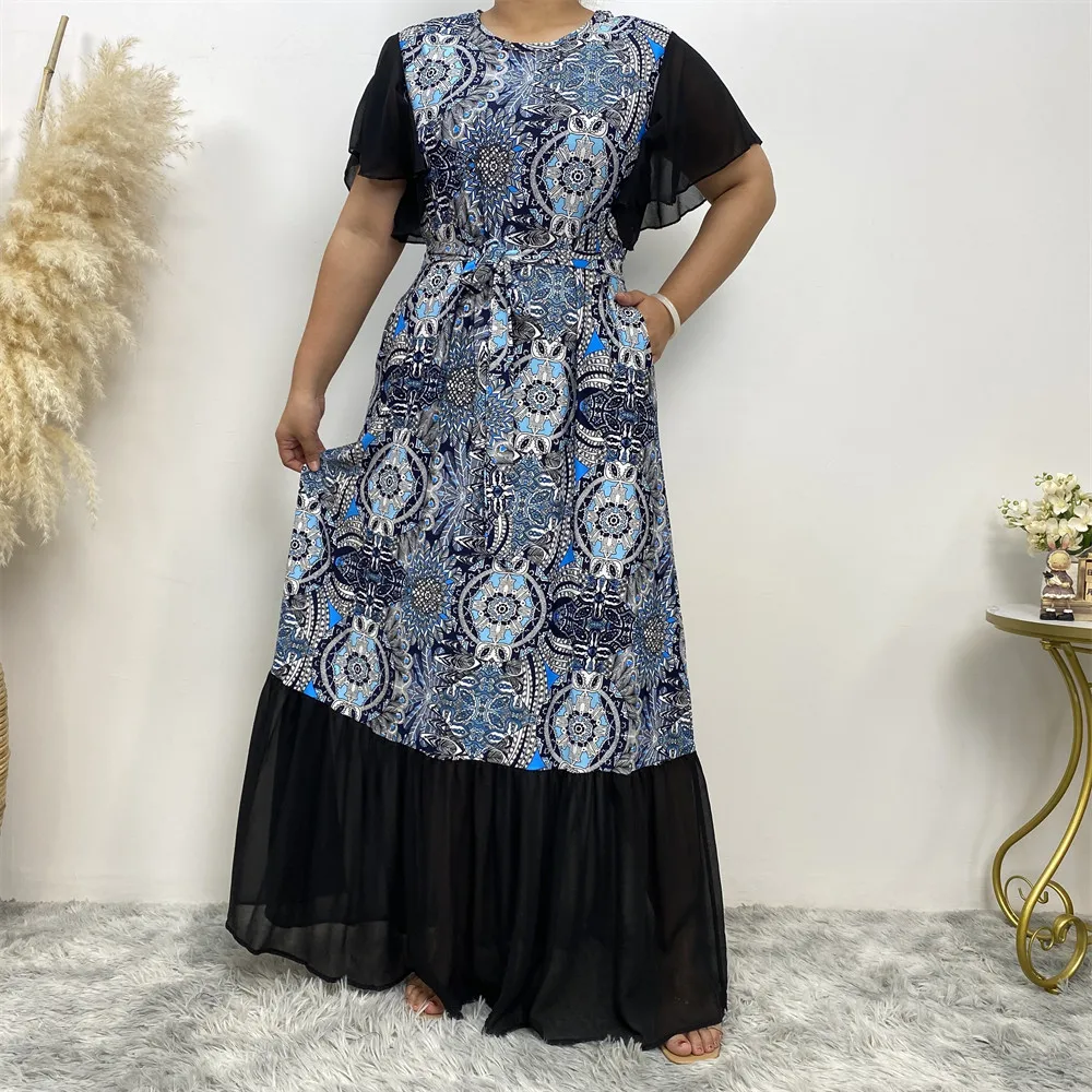 Muzułmański garnitur elegancki Abaya Africa plus size moda Dubai długa z nadrukiem krótki rękaw patchworkowa sukienka długa marońska