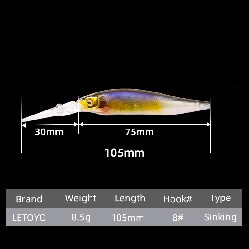 LETOYO 8.5g/105mm Deep Diving Minnow Lure Long Tongue Plate Minnow Fishing Lure With Steel Ball Artificial Hard Baits For Bass