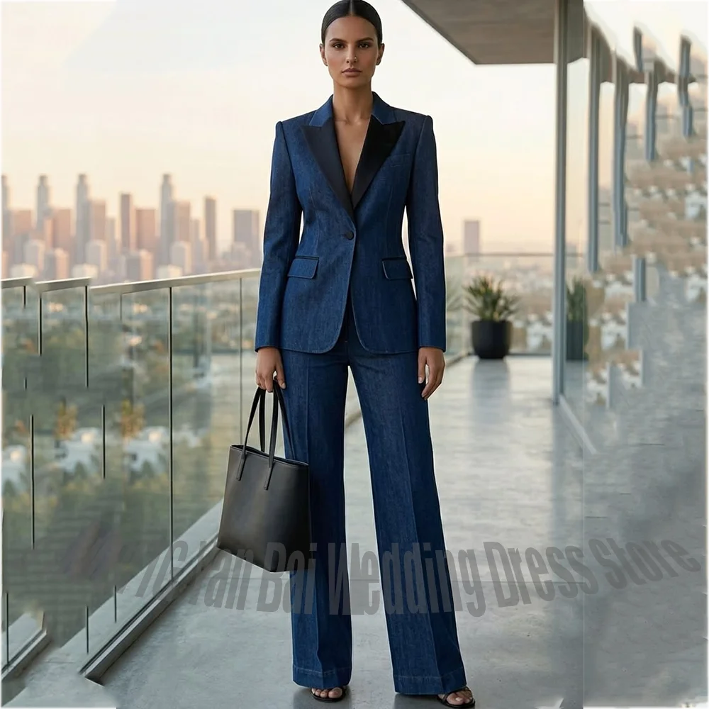 

Denim Blue Women's Suits Contrast Peaked Lapel Single Button Blazer Tailored 2 Piece Smart Casual Formal Work Wear Oufit