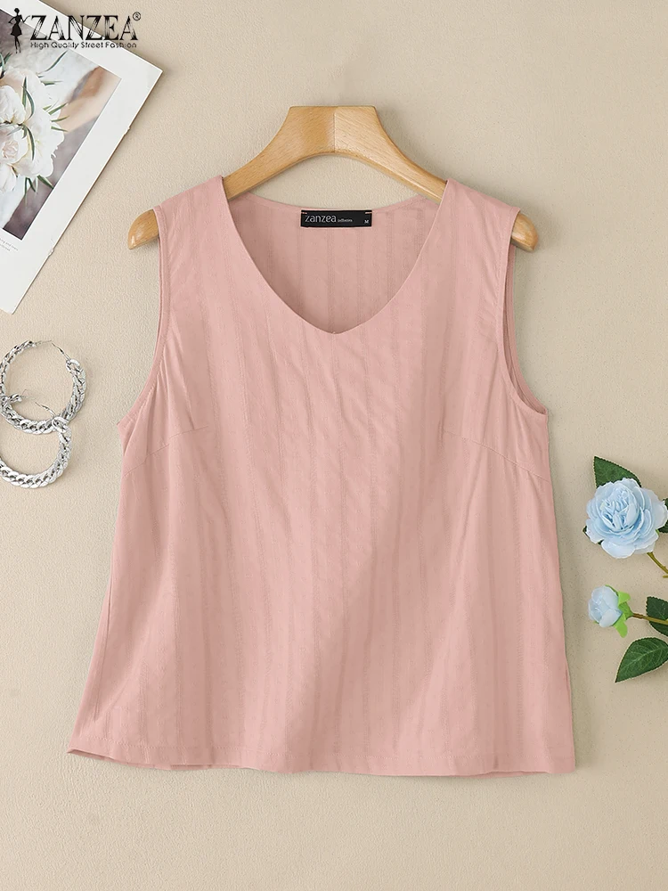 

ZANZEA Cotton Blend Openwork Embroidery Tank Tops Womens Day Wear Casual 2025 Summer Sleeveless T-Shirts Solid V-Neck Tops