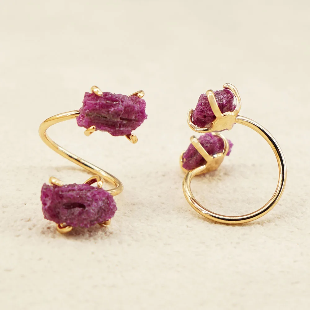 Irregular Red Corundum Raw Stone Ring for Women Girls Claw Setting Gold-color Boho Rough Ruby Finger Jewelry Resizable