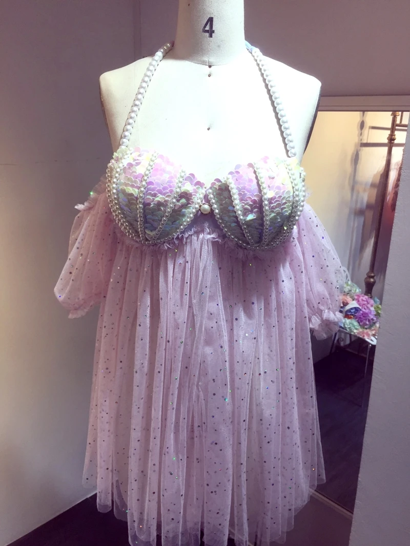 Handmade Original Mermaid Sequin Corset Mesh Skirt Set Pearl Shell Split Suitable For Role Play Bikini Beach Corset