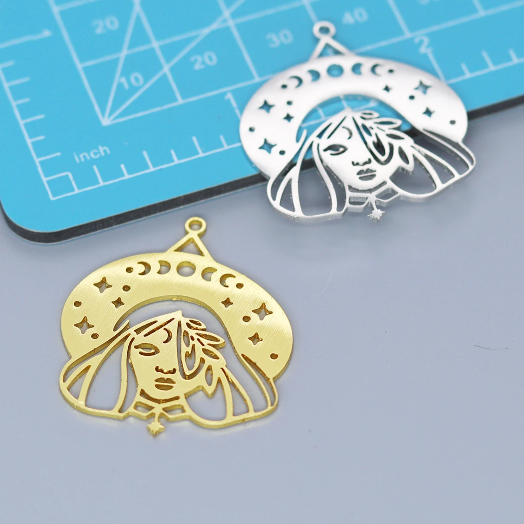 5PCS DIY Stainless Steel Cute Magic Witch Girl Charm Pendant For Women Crescent Moon Phase Jewelry Witchcraf